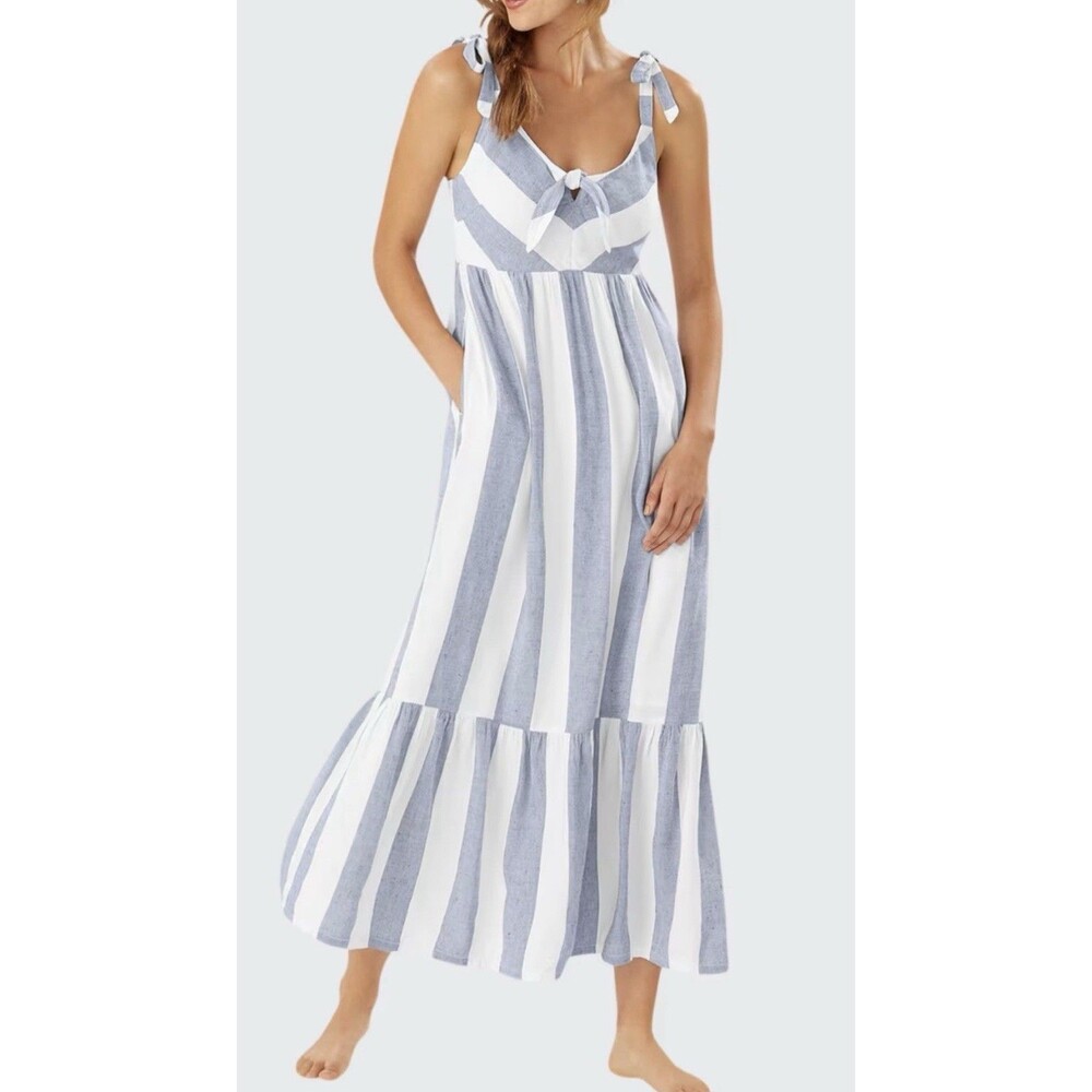 Tommy Bahama Women’s Rugby Beach Stripe Maxi Dress Large Linen Blend Pockets
